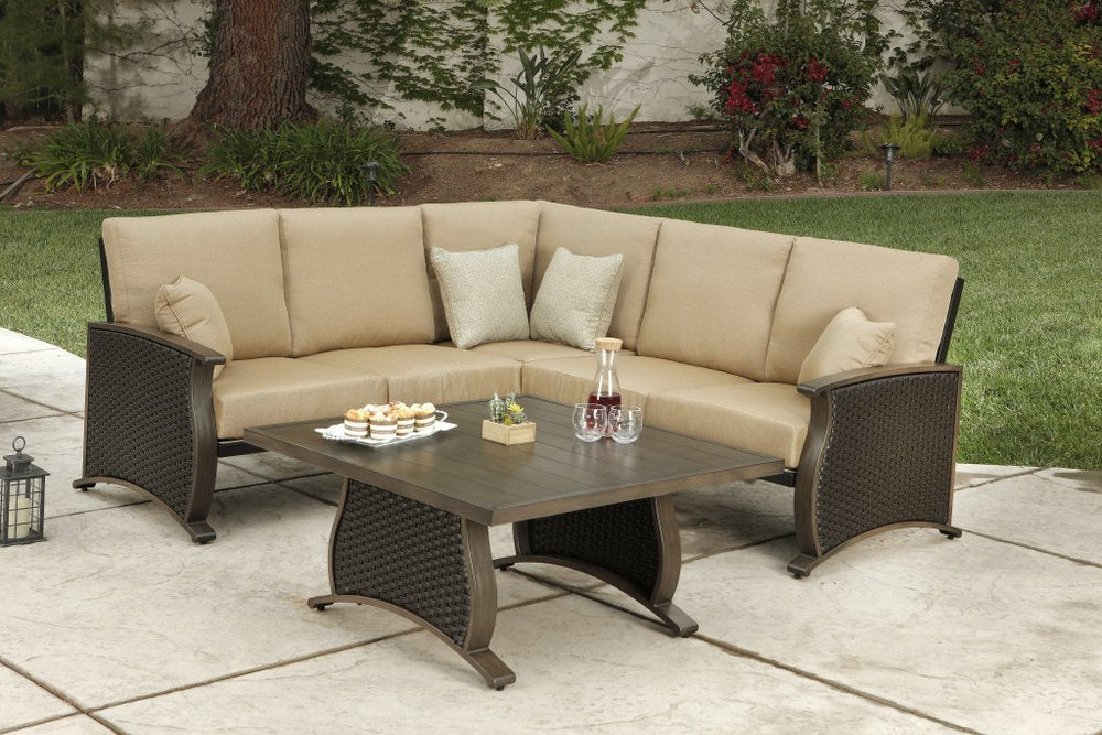 2-Piece Brown and Tan Metal Outdoor Patio Sectional Conversation Set with Table