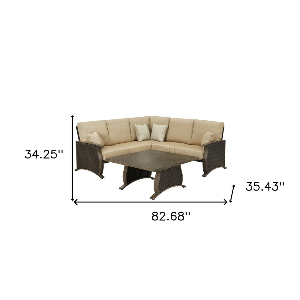 2-Piece Brown and Tan Metal Outdoor Patio Sectional Conversation Set with Table