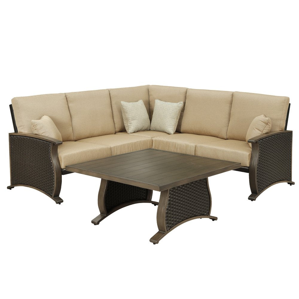 2-Piece Brown and Tan Metal Outdoor Patio Sectional Conversation Set with Table