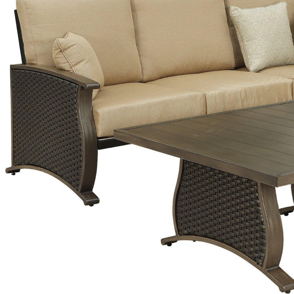 2-Piece Brown and Tan Metal Outdoor Patio Sectional Conversation Set with Table