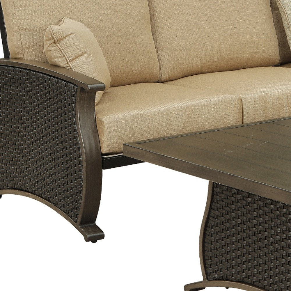 2-Piece Brown and Tan Metal Outdoor Patio Sectional Conversation Set with Table