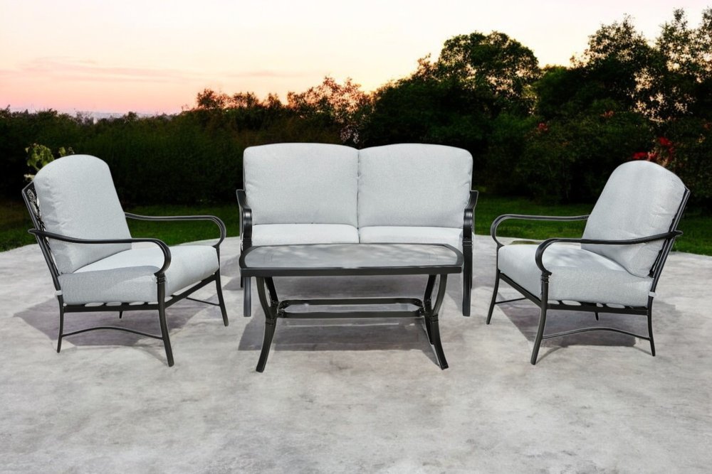 4-Piece Black and Light Gray Metal Outdoor Patio Conversation Set with Table