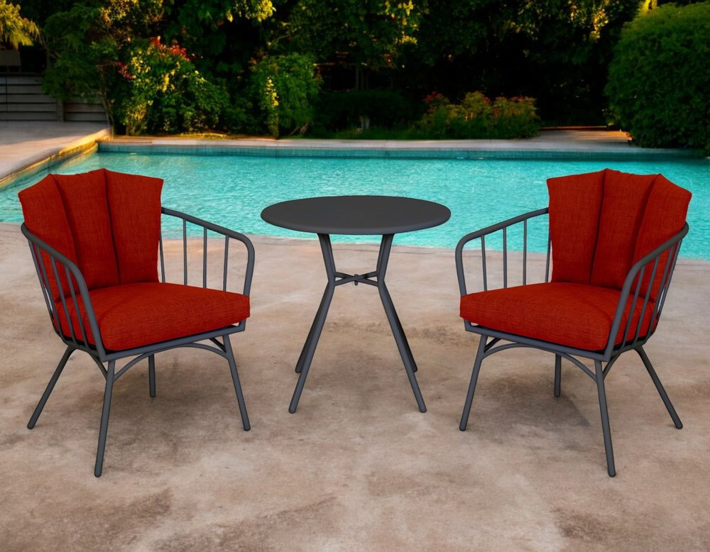 3-Piece Black and Red Metal 2-Person Outdoor Patio Conversation Set with Table