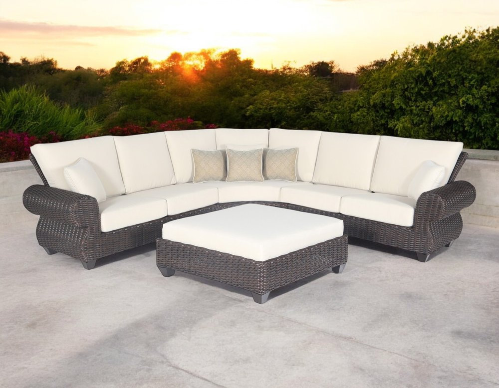 4-Piece Brown and White Wicker Outdoor Patio Sectional Conversation Set