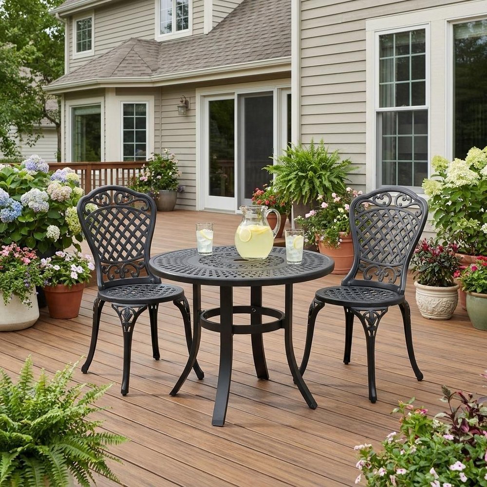24" Black Rounded Metal Outdoor Patio Bistro Table with Umbrella Hole