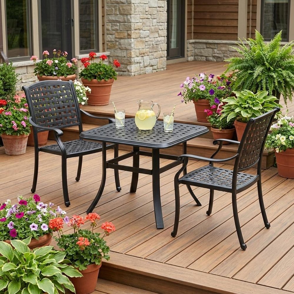 24" Black Square Metal Outdoor Patio Bistro Table with Umbrella Hole