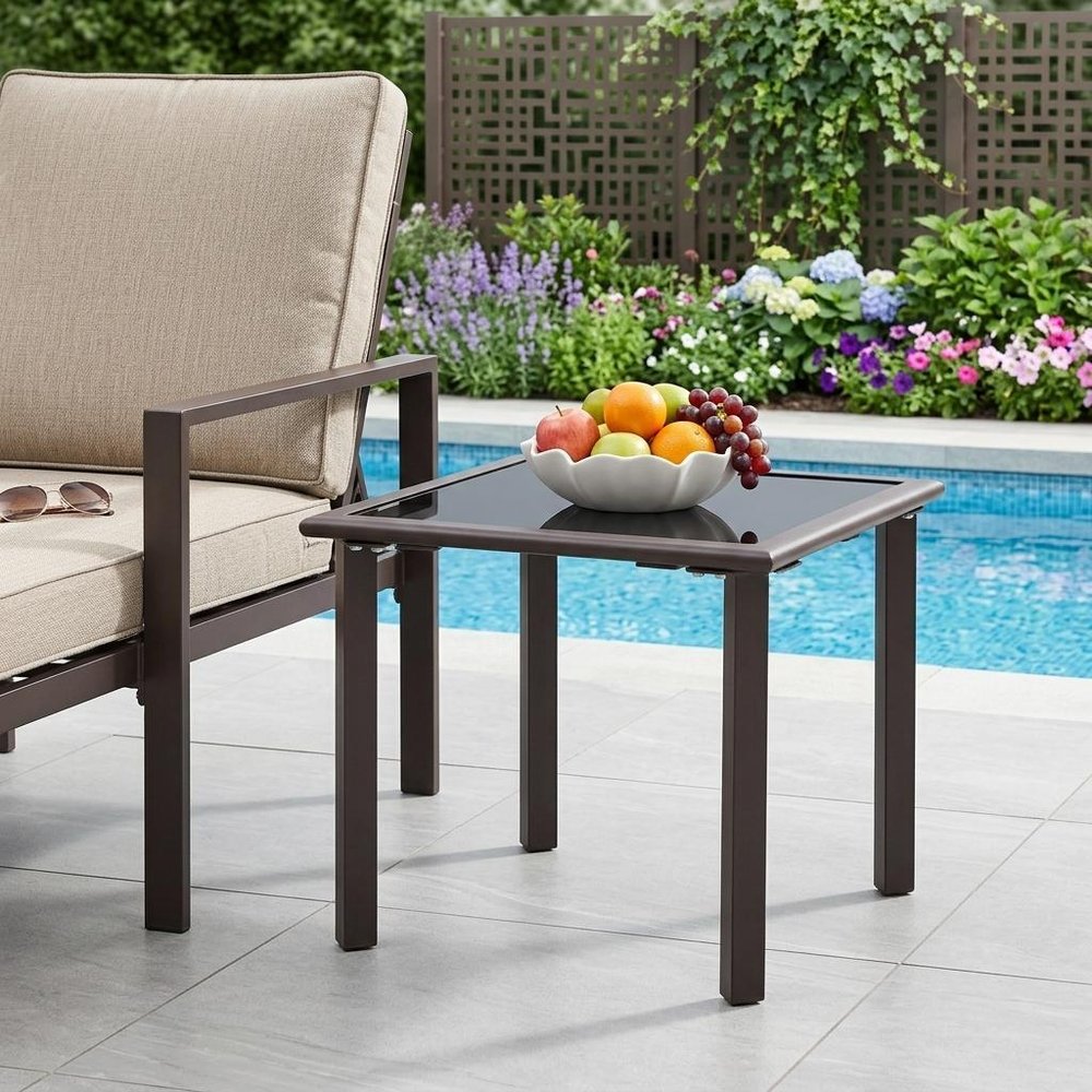 18" Black Square Glass Outdoor Patio Side Table