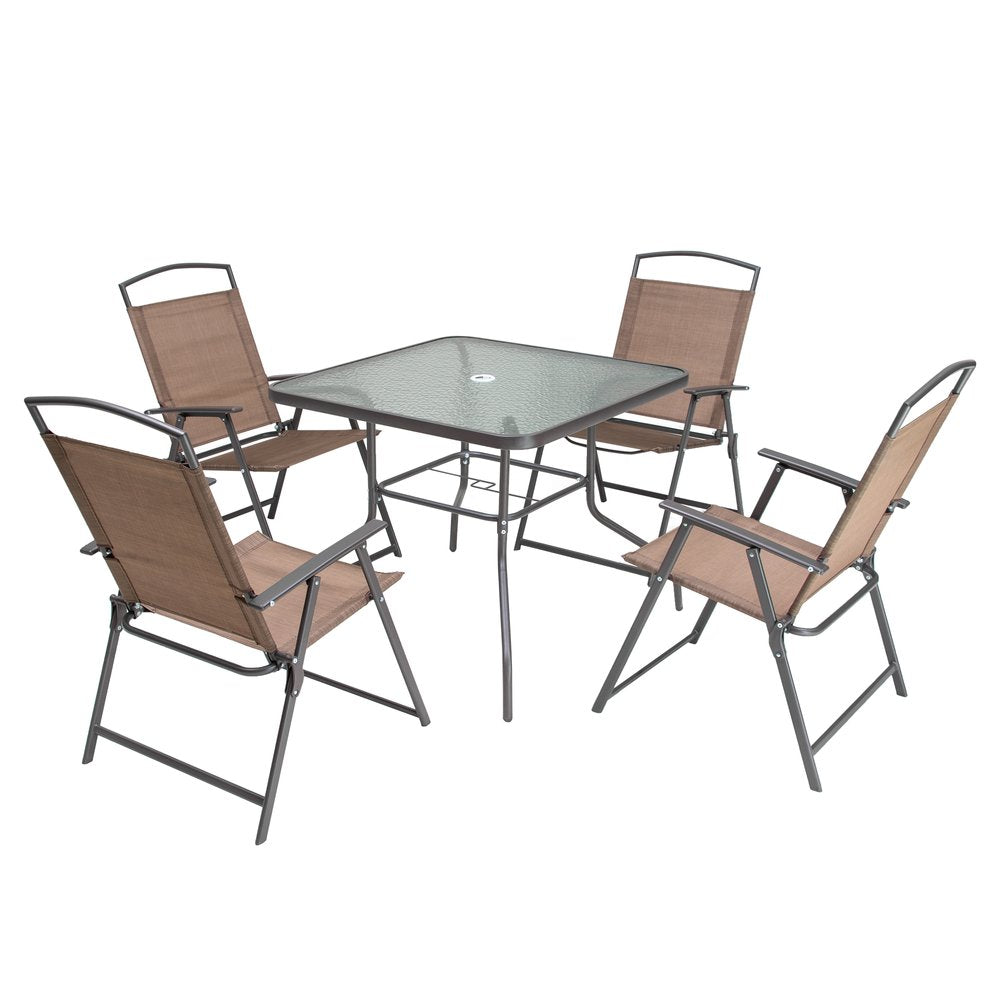 Outdoor Patio 5-Piece Clear and Brown Square Glass Dining Set with 4 Chairs