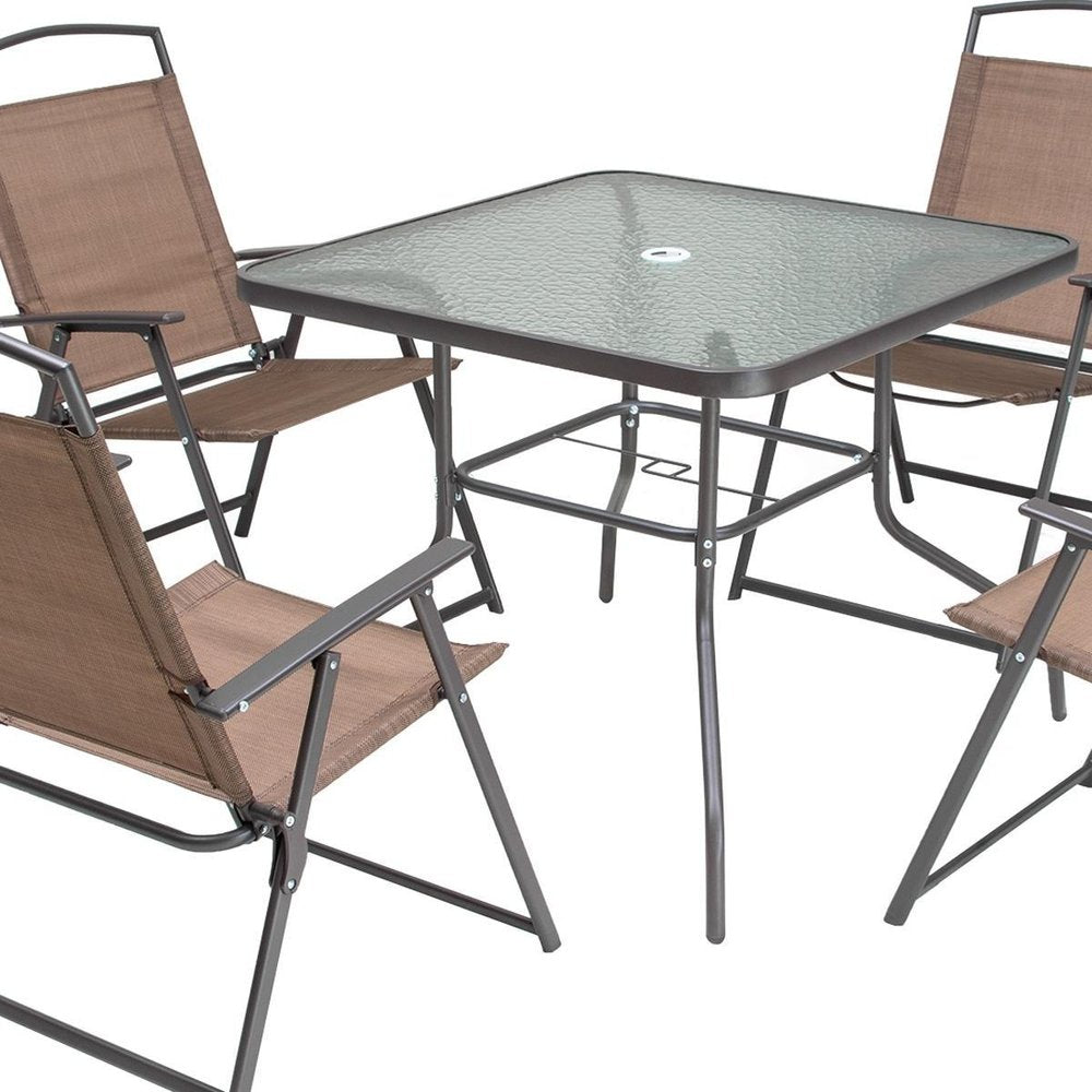 Outdoor Patio 5-Piece Clear and Brown Square Glass Dining Set with 4 Chairs
