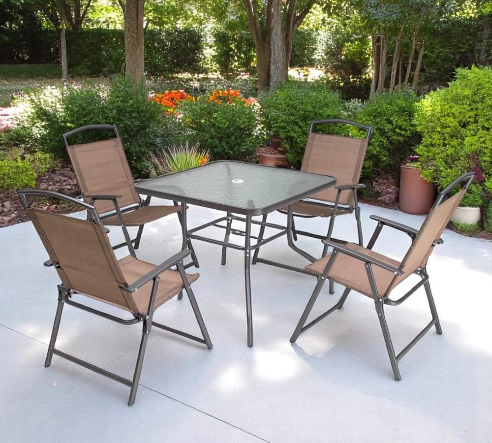 Outdoor Patio 5-Piece Clear and Brown Square Glass Dining Set with 4 Chairs