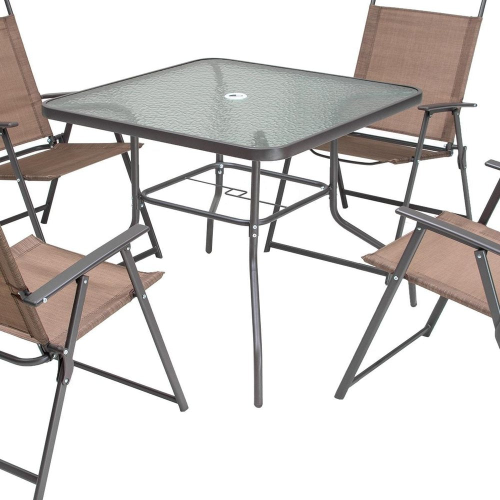Outdoor Patio 5-Piece Clear and Brown Square Glass Dining Set with 4 Chairs