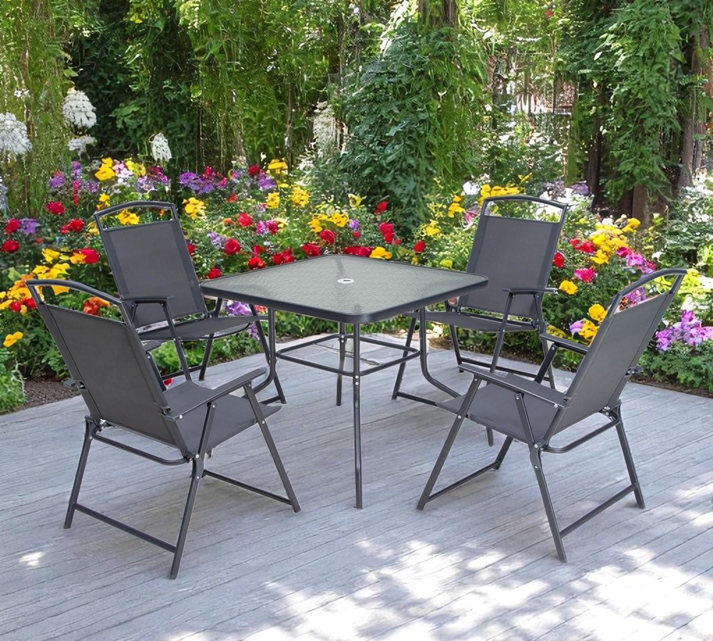 Outdoor Patio 5-Piece Clear and Black Square Glass Dining Set with 4 Chairs