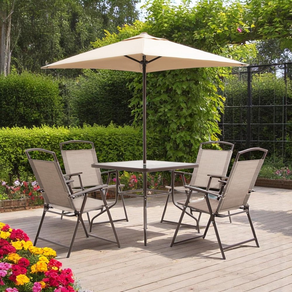 Outdoor Patio 6-Piece Clear and Gray Square Glass Dining Set with 4 Chairs