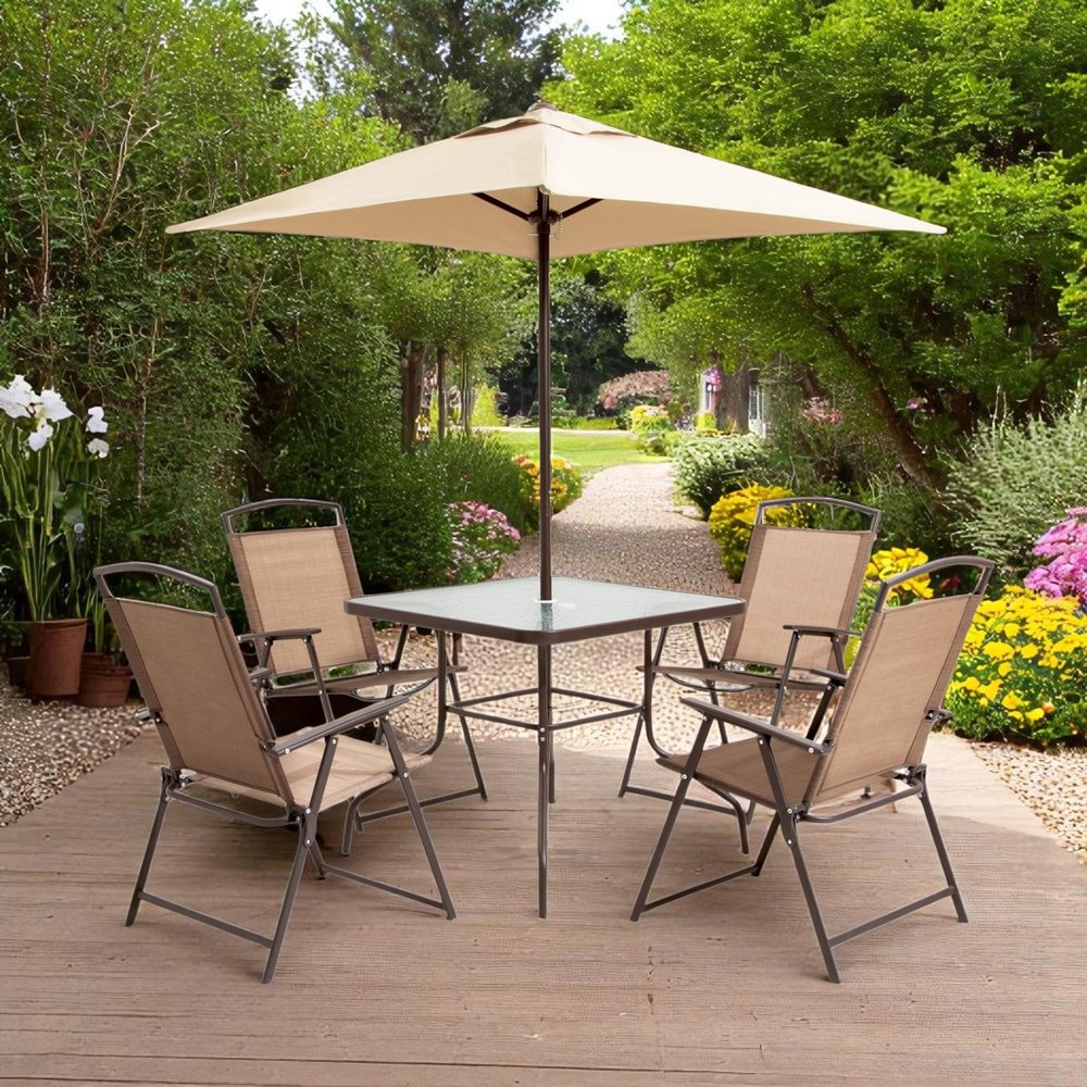 Outdoor Patio 6-Piece Clear and Brown Square Glass Dining Set with 4 Chairs