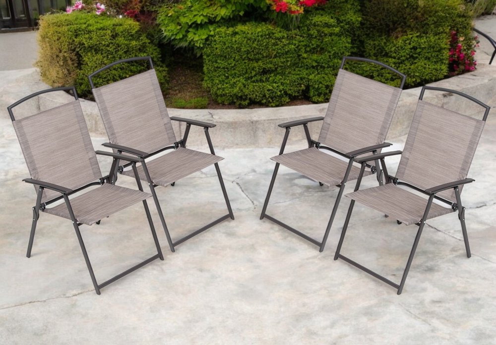4-Piece 35" Brown Steel Sling Outdoor Patio Folding Arm Chair Set
