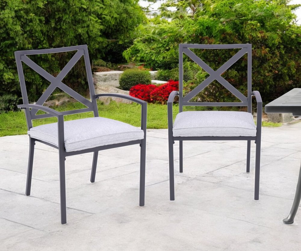 2-Piece Dark Gray Aluminum Outdoor Patio Stacking Dining Chairs with Light Gray Cushion - Outdoor Patio Chair