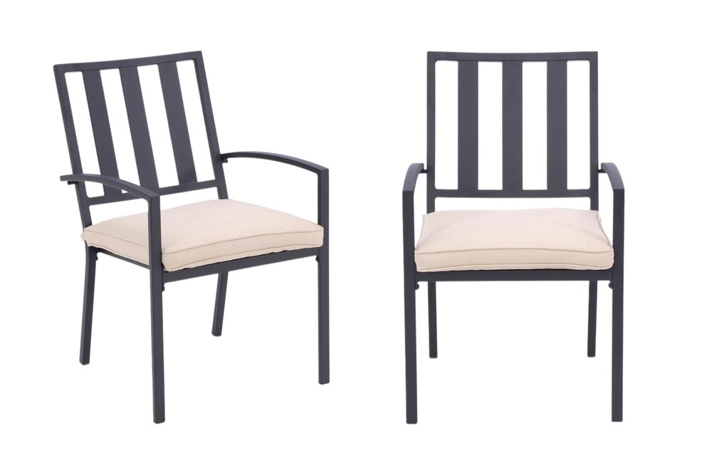 2-Piece Dark Gray Aluminum Outdoor Patio Stacking Dining Chairs with Beige Cushion - Outdoor Patio Chair