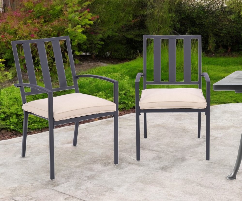 2-Piece Dark Gray Aluminum Outdoor Patio Stacking Dining Chairs with Beige Cushion - Outdoor Patio Chair