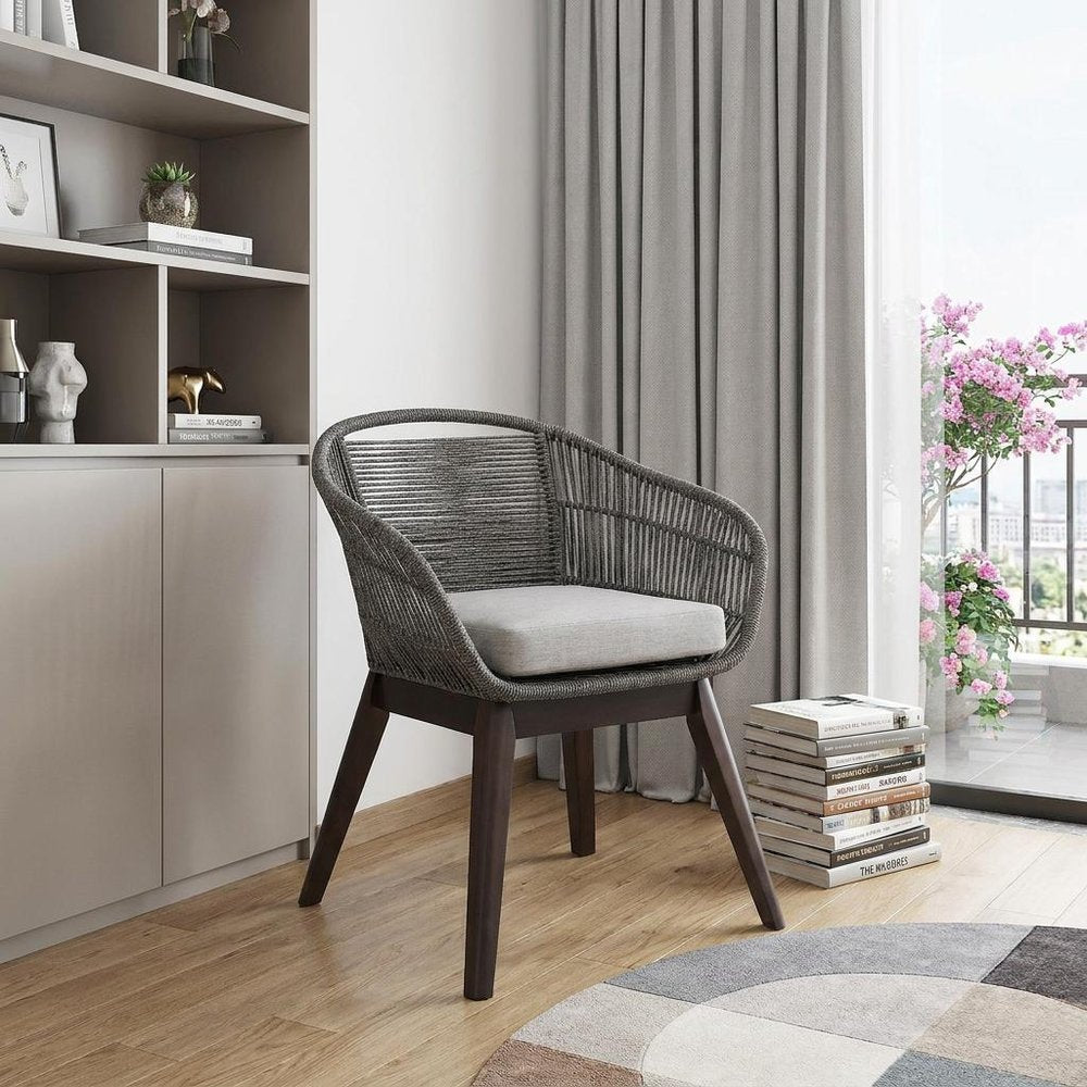 27" Gray Solid Wood Outdoor Patio Dining Chair with Gray Cushion