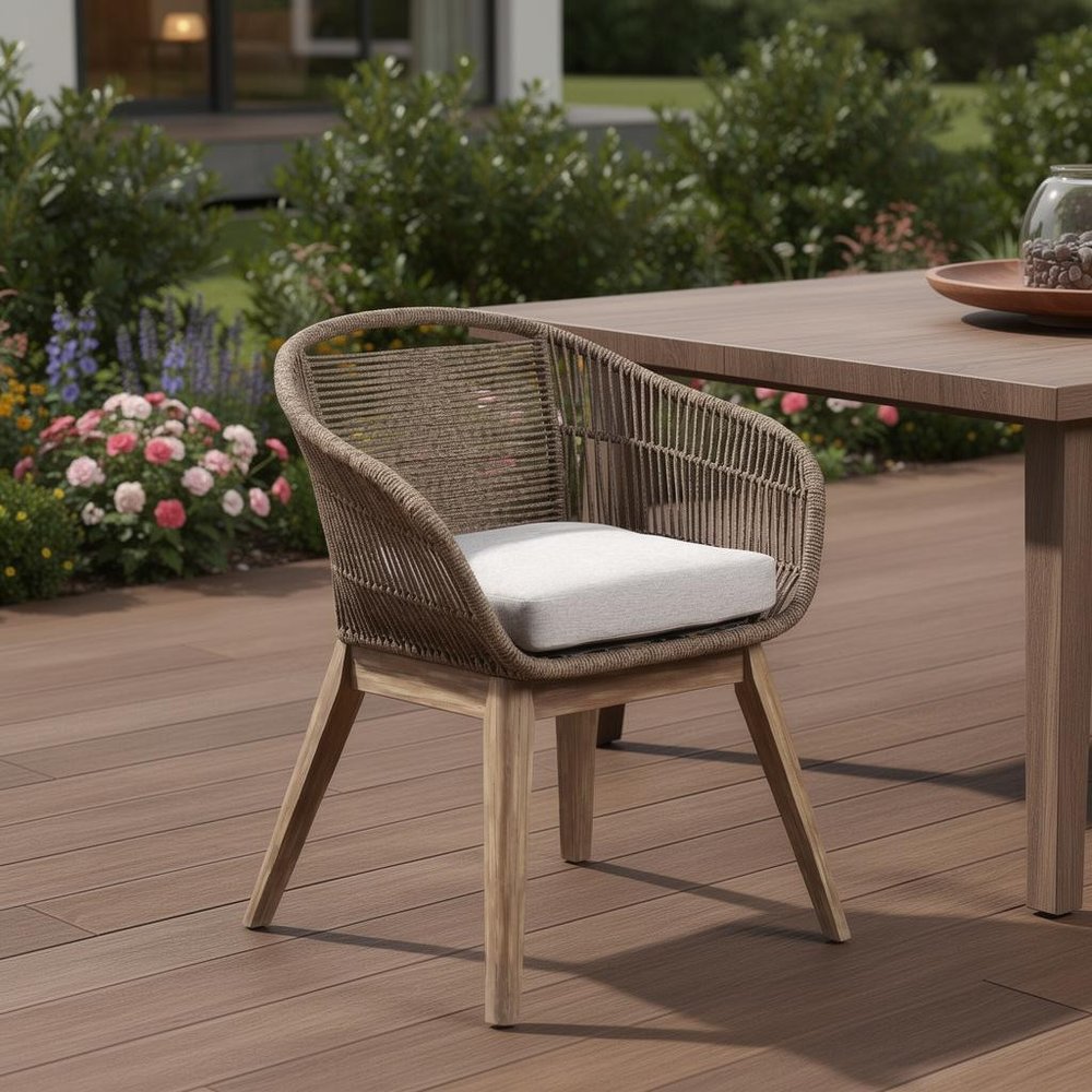 27" Gray and Natural Wood Solid Wood Outdoor Patio Dining Chair with Gray Cushion