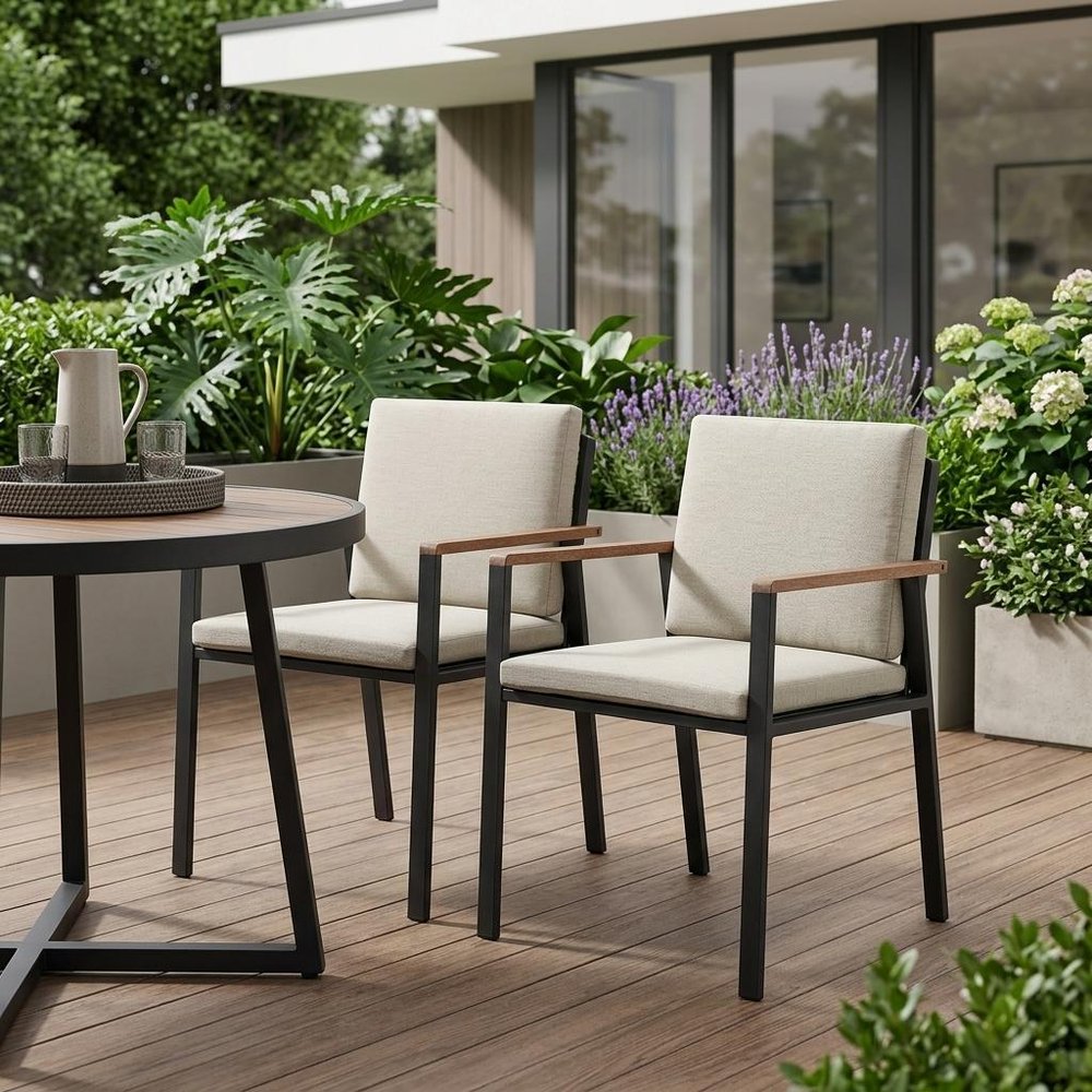 2-Piece 22" Light Gray Solid Wood Outdoor Patio Dining Chair with Taupe Cushion