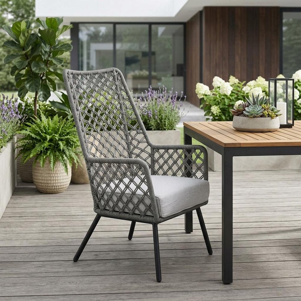 26" Gray and Black Steel Indoor/Outdoor Patio Dining Chair with Gray Cushion