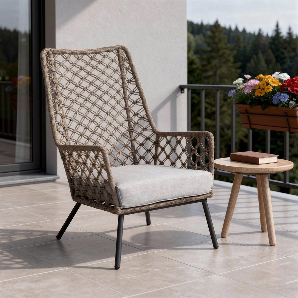 26" Gray Metal Outdoor Patio Arm Chair with Gray Cushion