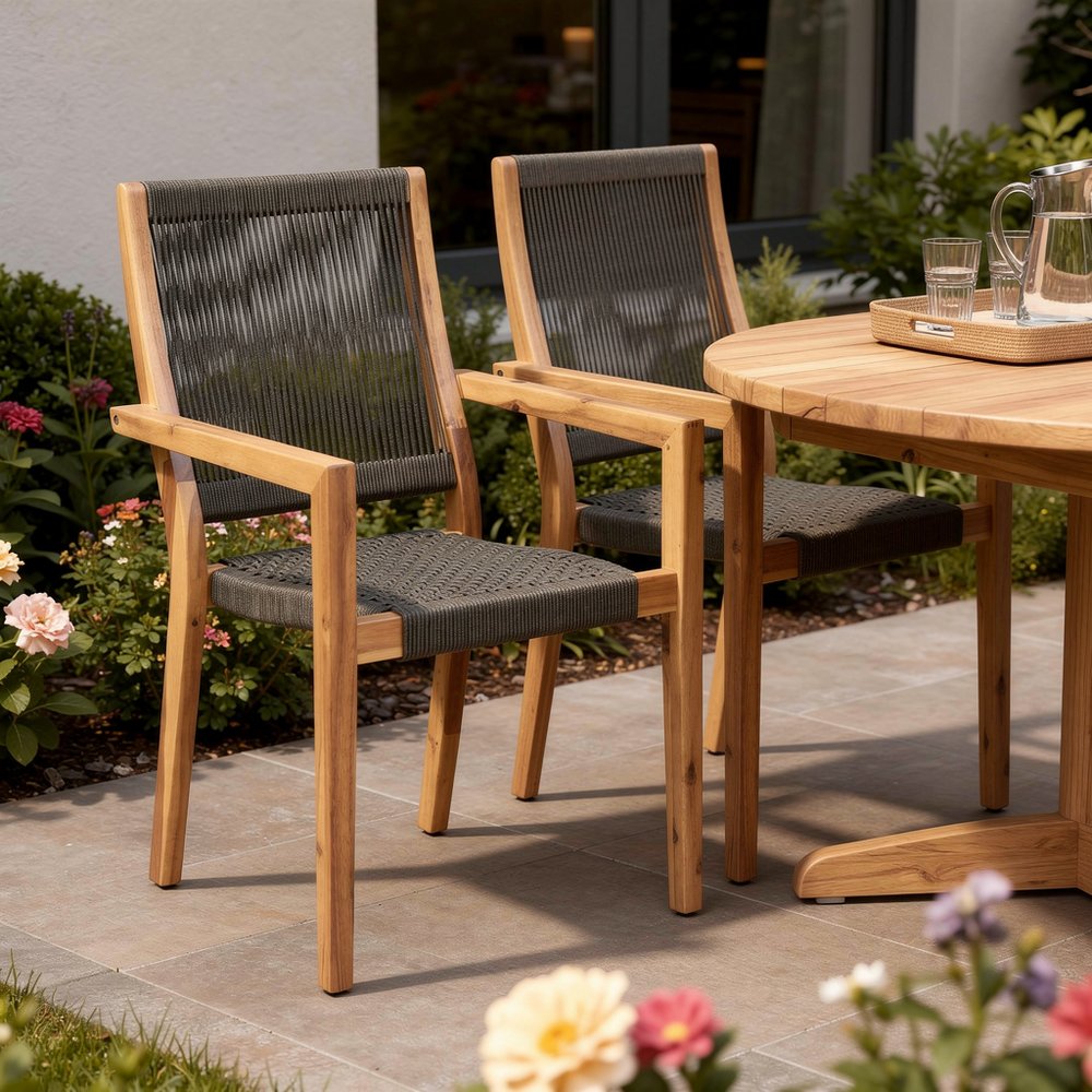 2-Piece 23" Charcoal and Natural Wood Solid Wood Outdoor Patio Arm Chair