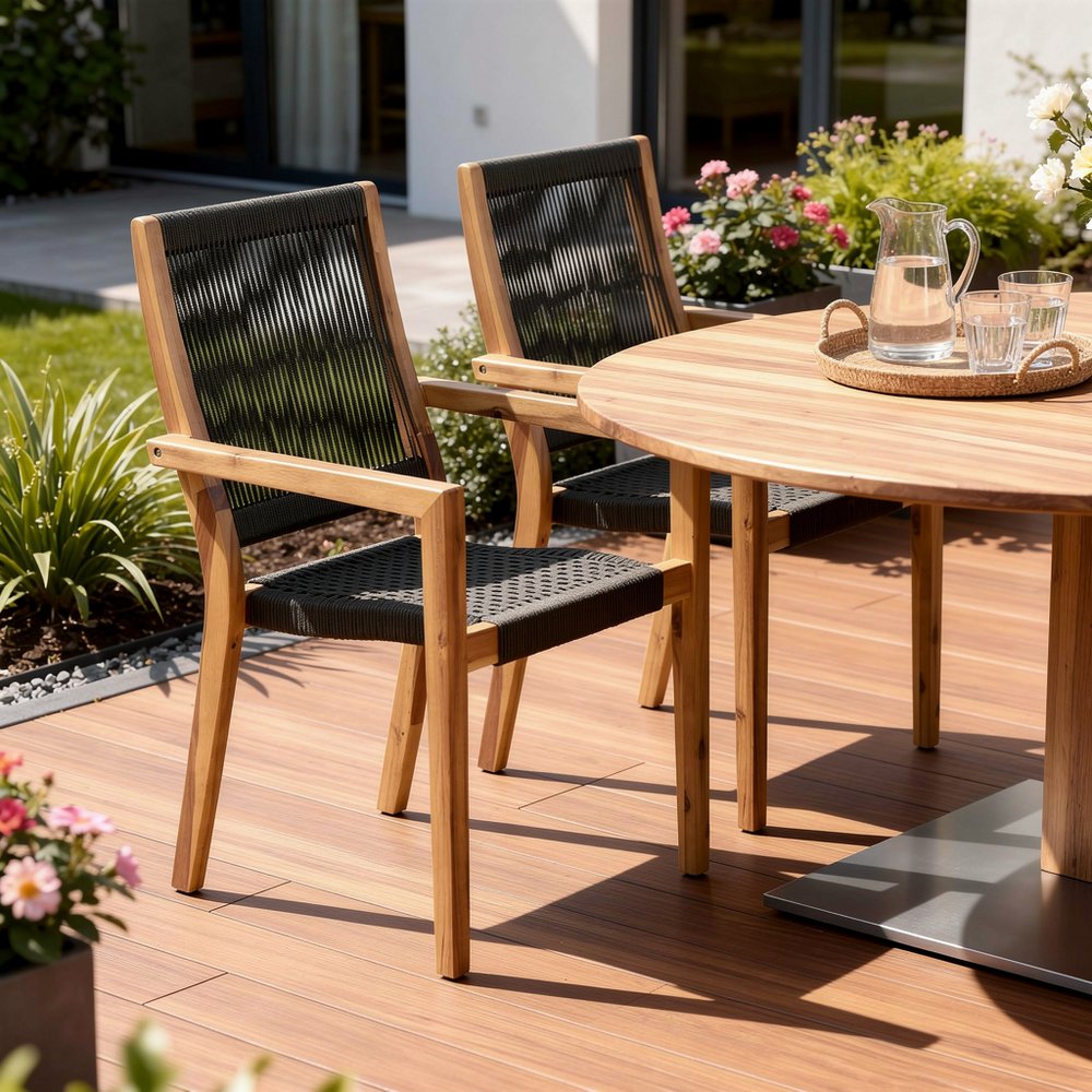 2-Piece 23" Charcoal and Natural Wood Solid Wood Outdoor Patio Arm Chair