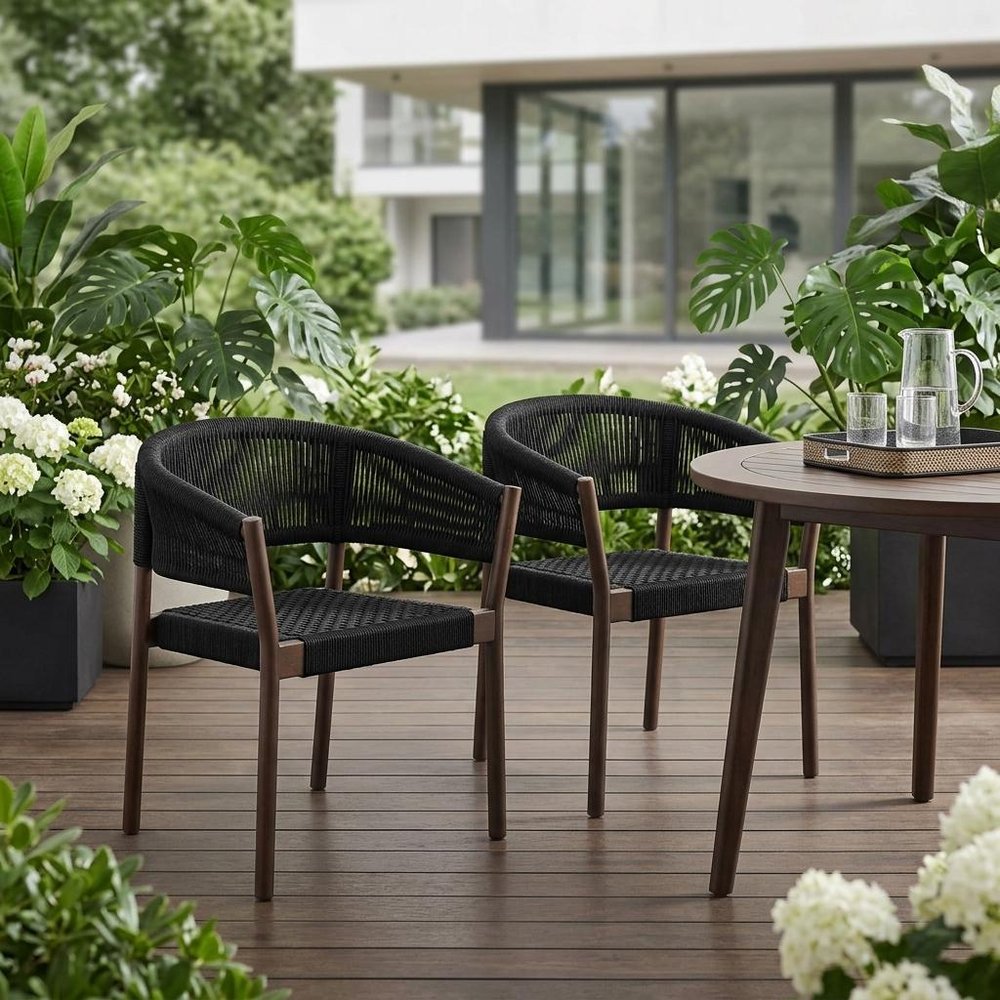 2-Piece 26" Black Solid Wood Outdoor Patio Dining Chair