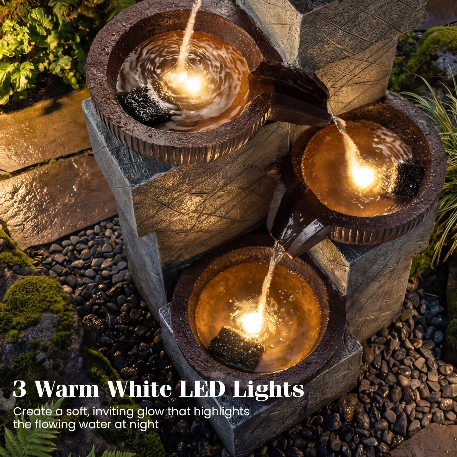 4-Tier Cascading Bowl Outdoor Water Fountain with LED Lights
