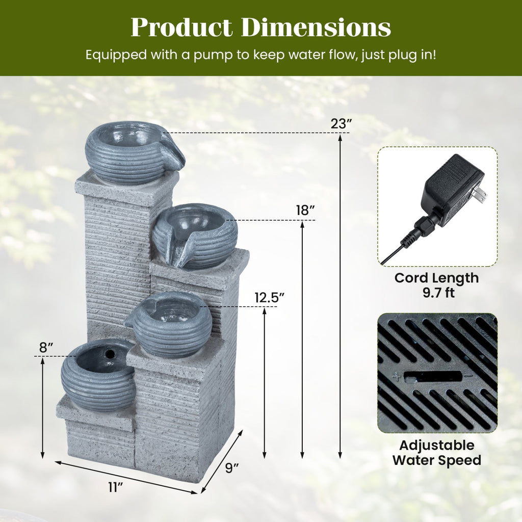 4-Tier Outdoor Water Fountain Cascading Bowl Waterfall Fountain with LED Lights