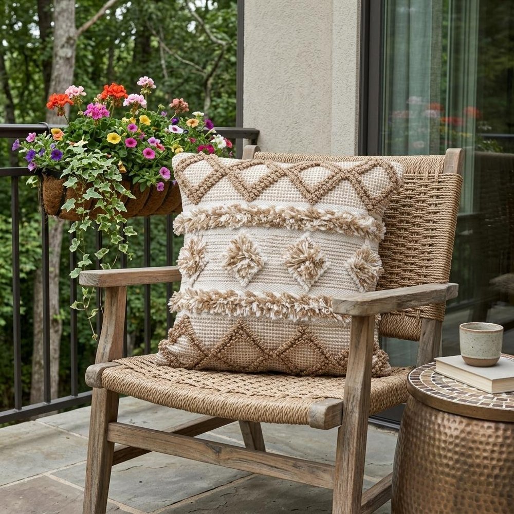 20" x 20" Tan Zippered Geometric Indoor/Outdoor Patio Throw Pillow