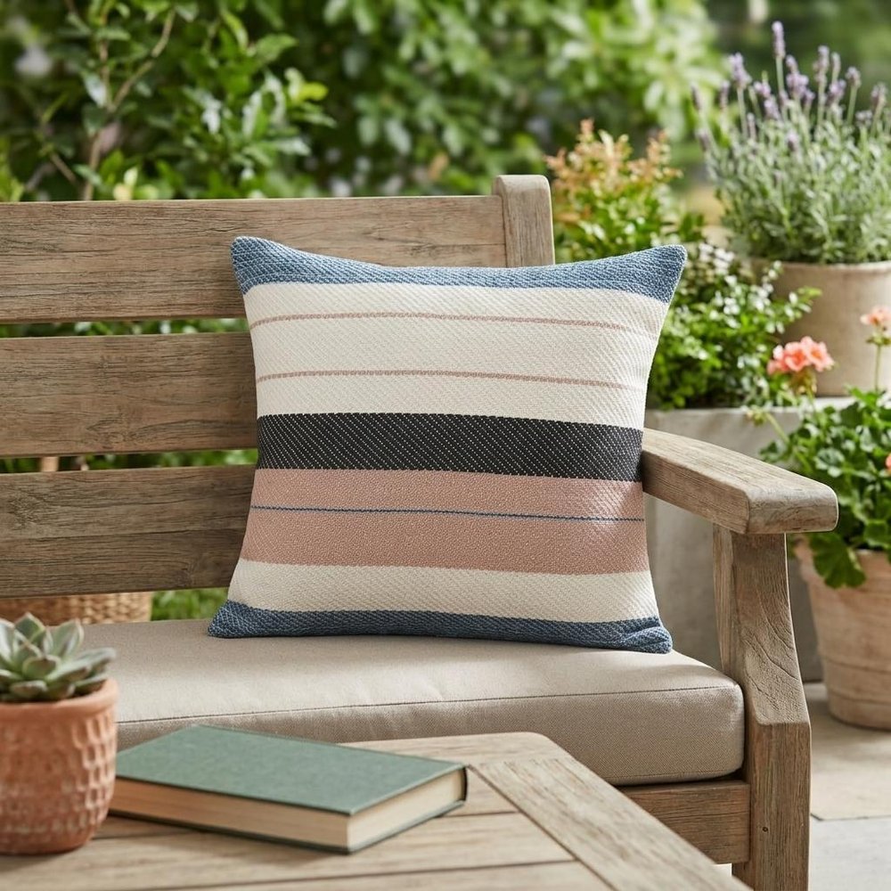 24" x 24" White Zippered Striped Indoor/Outdoor Patio Throw Pillow