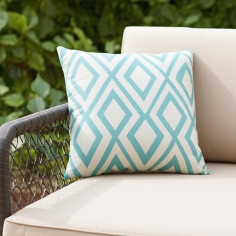 20" Aqua and White Geometric Indoor/Outdoor Patio Throw Pillow