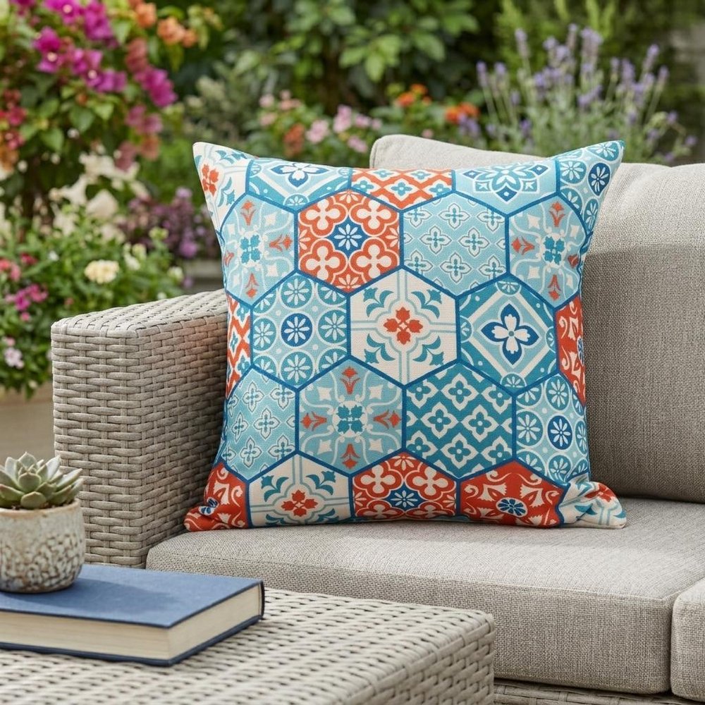 20" x 20" Blue Zippered Patchwork Indoor/Outdoor Patio Throw Pillow