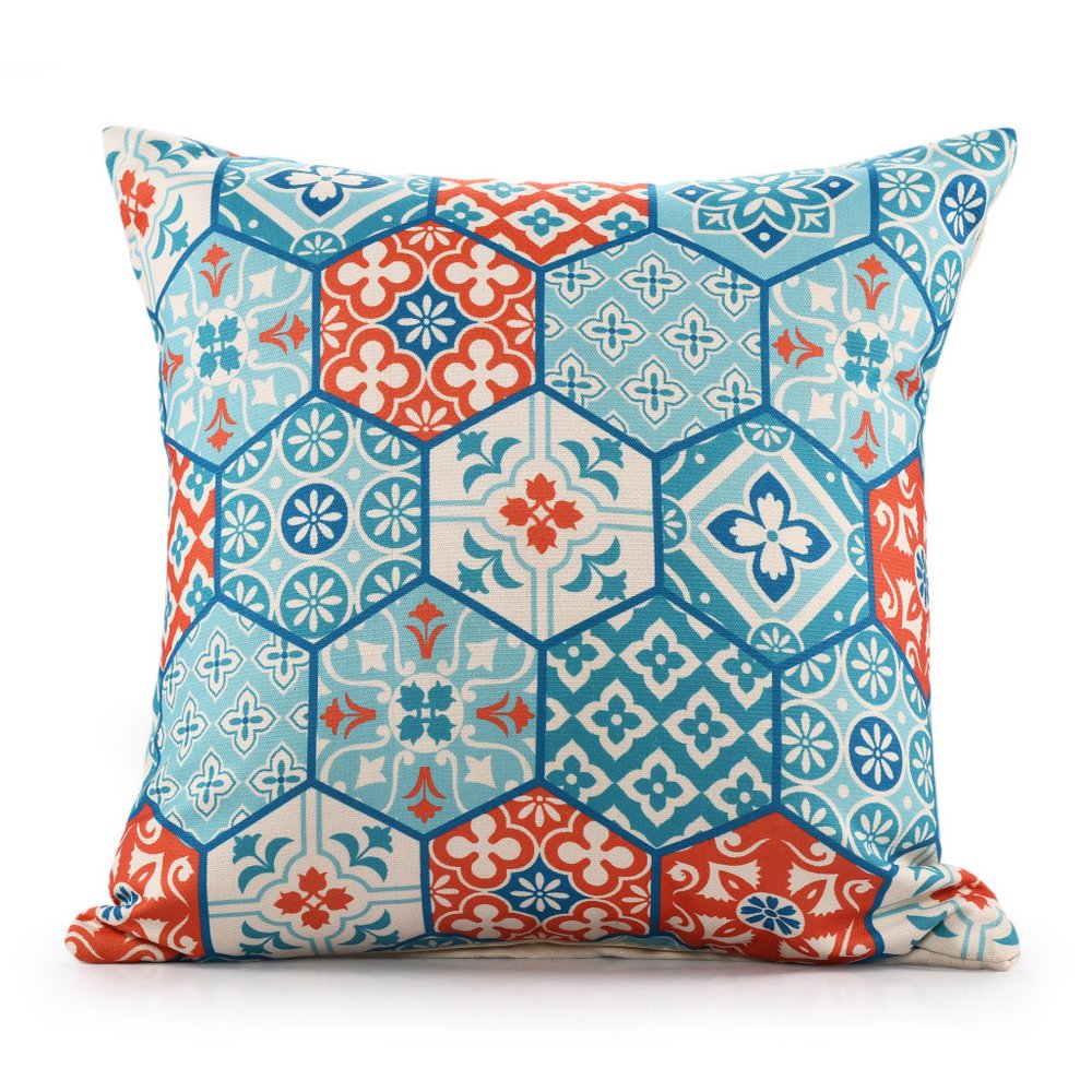 20" x 20" Blue Zippered Patchwork Indoor/Outdoor Patio Throw Pillow