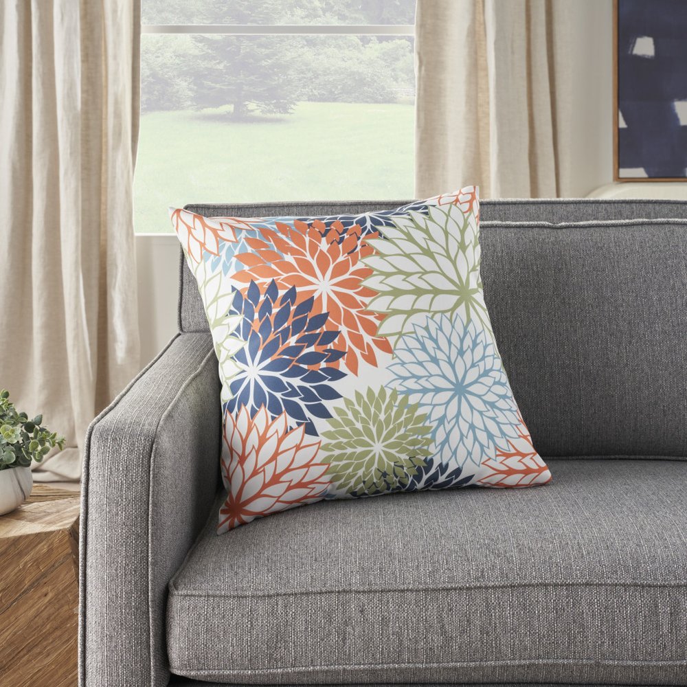 20" Orange Green and Blue Floral Indoor/Outdoor Patio Throw Pillow