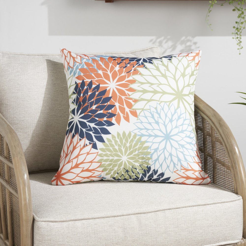 20" Orange Green and Blue Floral Indoor/Outdoor Patio Throw Pillow