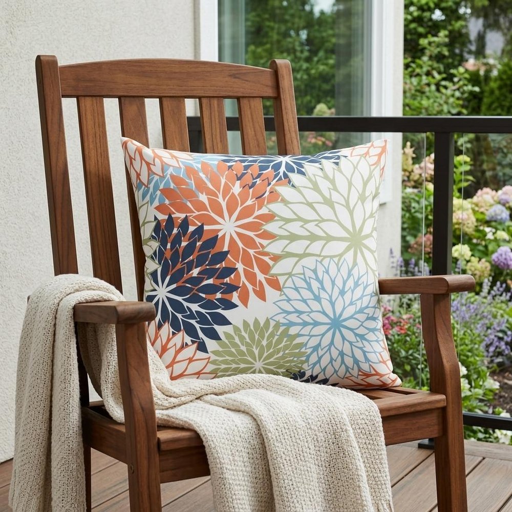 20" Orange Green and Blue Floral Indoor/Outdoor Patio Throw Pillow