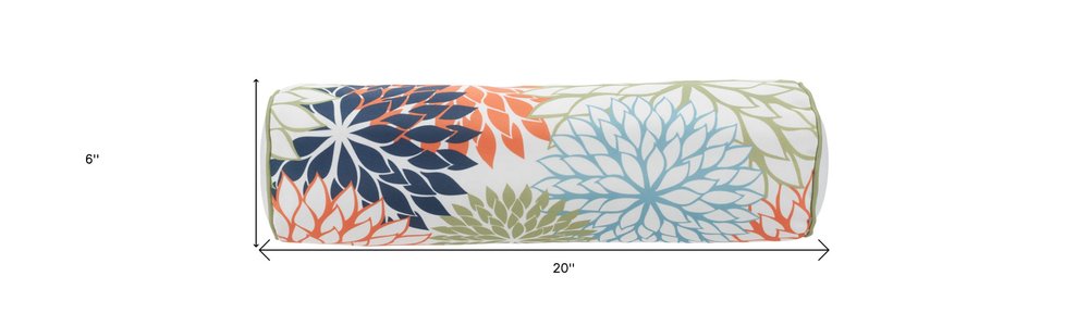 6" x 20" Orange Green and Blue Bolster Floral Indoor/Outdoor Patio Throw Pillow