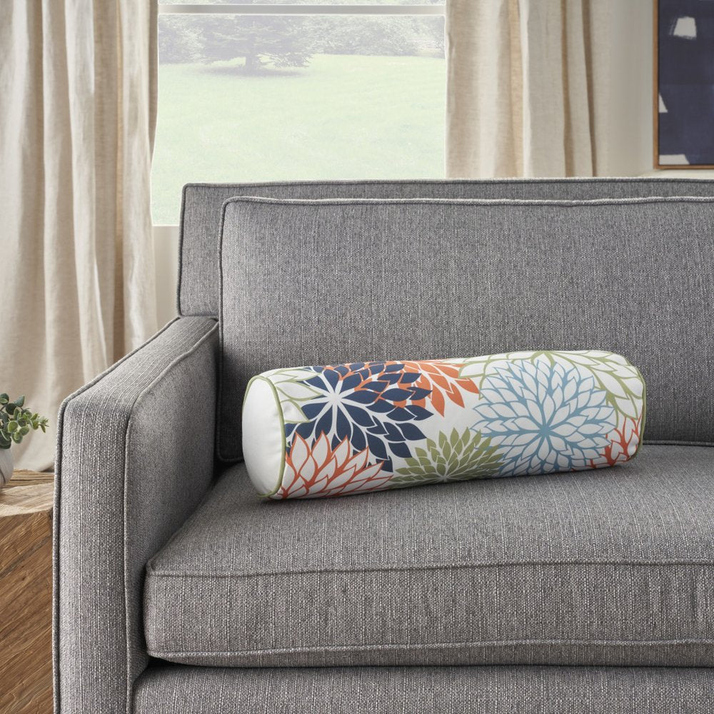 6" x 20" Orange Green and Blue Bolster Floral Indoor/Outdoor Patio Throw Pillow