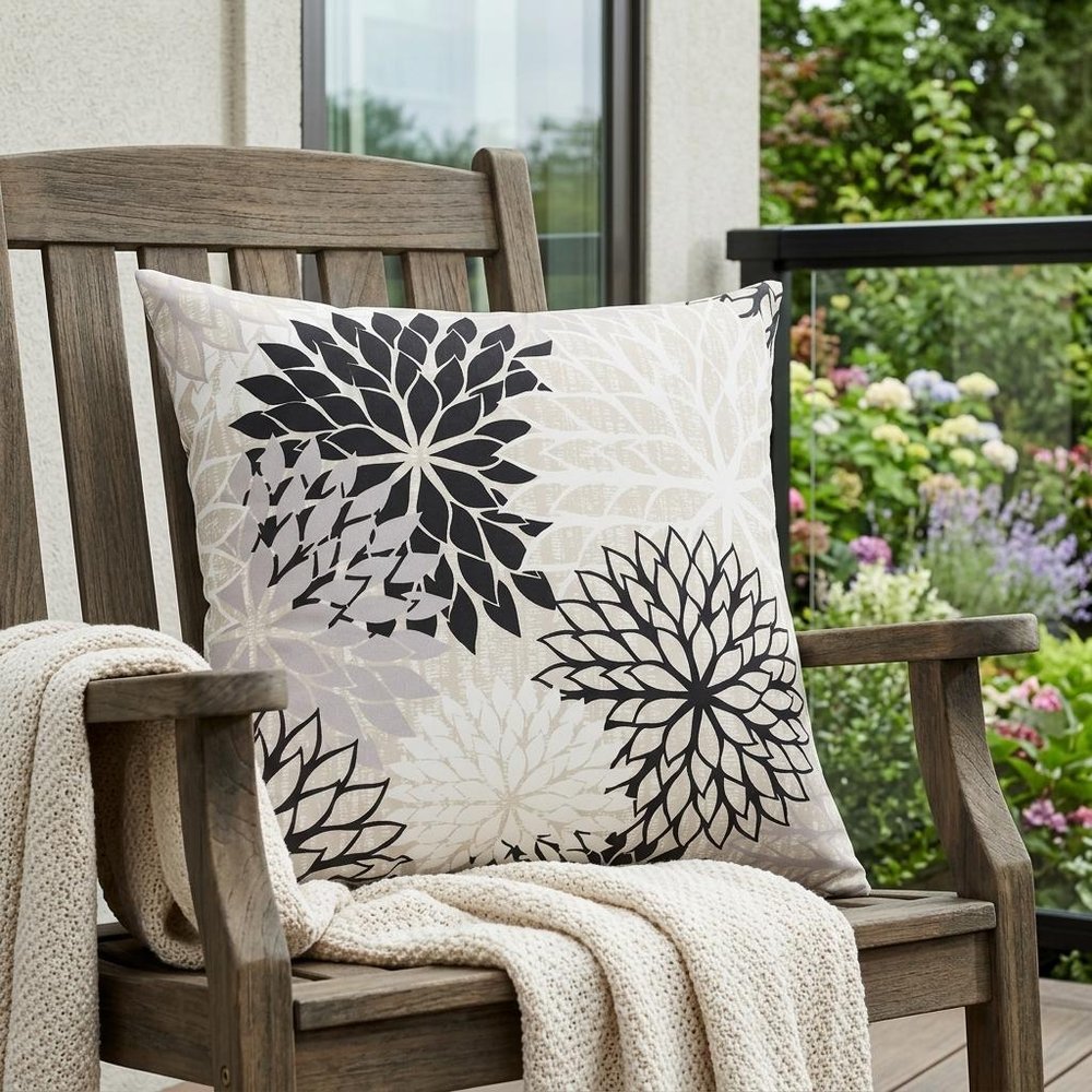 20" Black Gray and White Handmade Floral Indoor/Outdoor Patio Throw Pillow