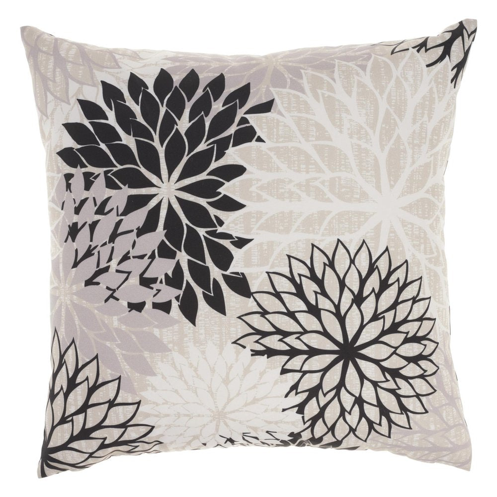 20" Black Gray and White Handmade Floral Indoor/Outdoor Patio Throw Pillow