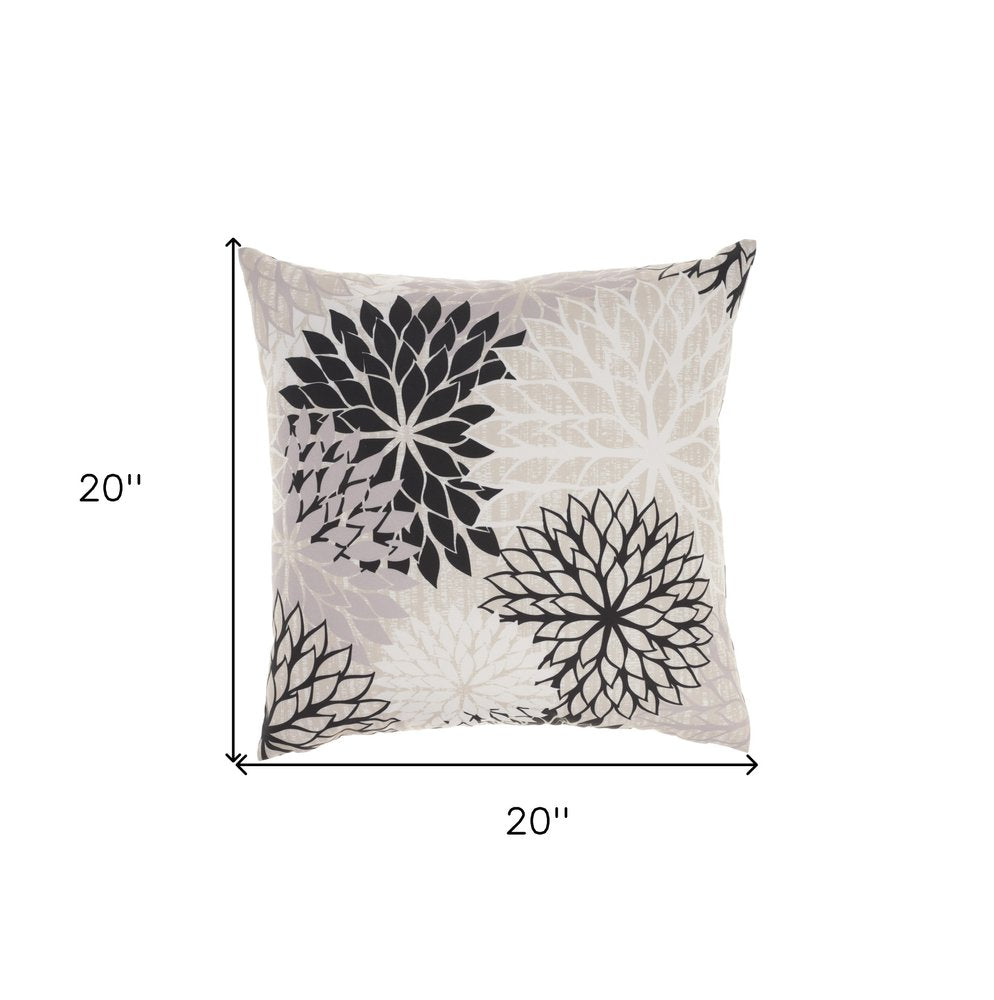 20" Black Gray and White Handmade Floral Indoor/Outdoor Patio Throw Pillow
