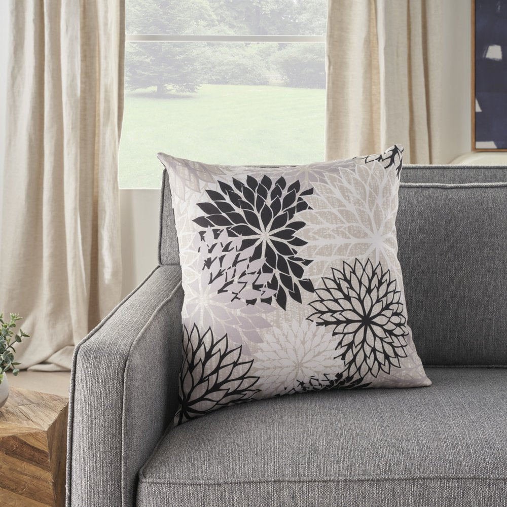 20" Black Gray and White Handmade Floral Indoor/Outdoor Patio Throw Pillow