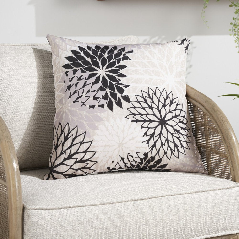 20" Black Gray and White Handmade Floral Indoor/Outdoor Patio Throw Pillow
