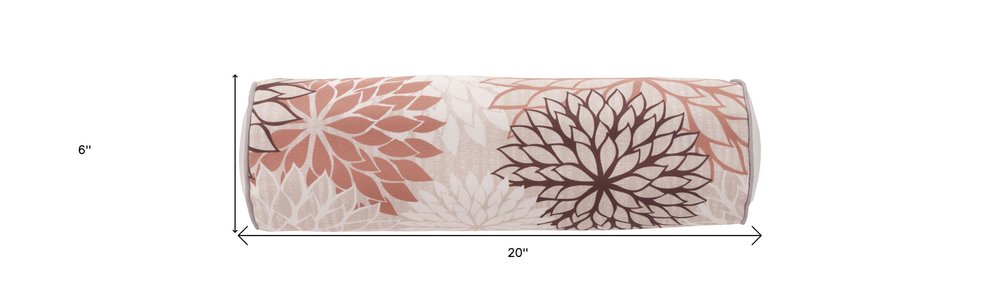 6" x 20" Brown Beige and Ivory Bolster Floral Indoor/Outdoor Patio Throw Pillow