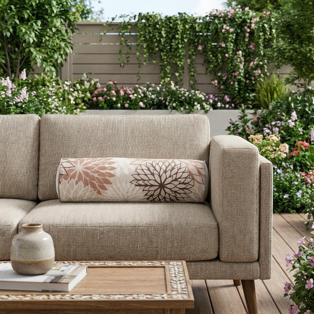 6" x 20" Brown Beige and Ivory Bolster Floral Indoor/Outdoor Patio Throw Pillow