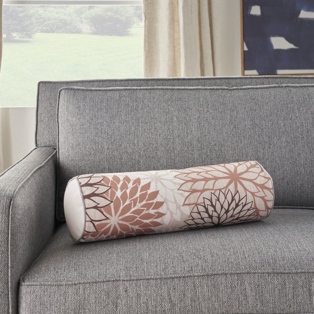 6" x 20" Brown Beige and Ivory Bolster Floral Indoor/Outdoor Patio Throw Pillow